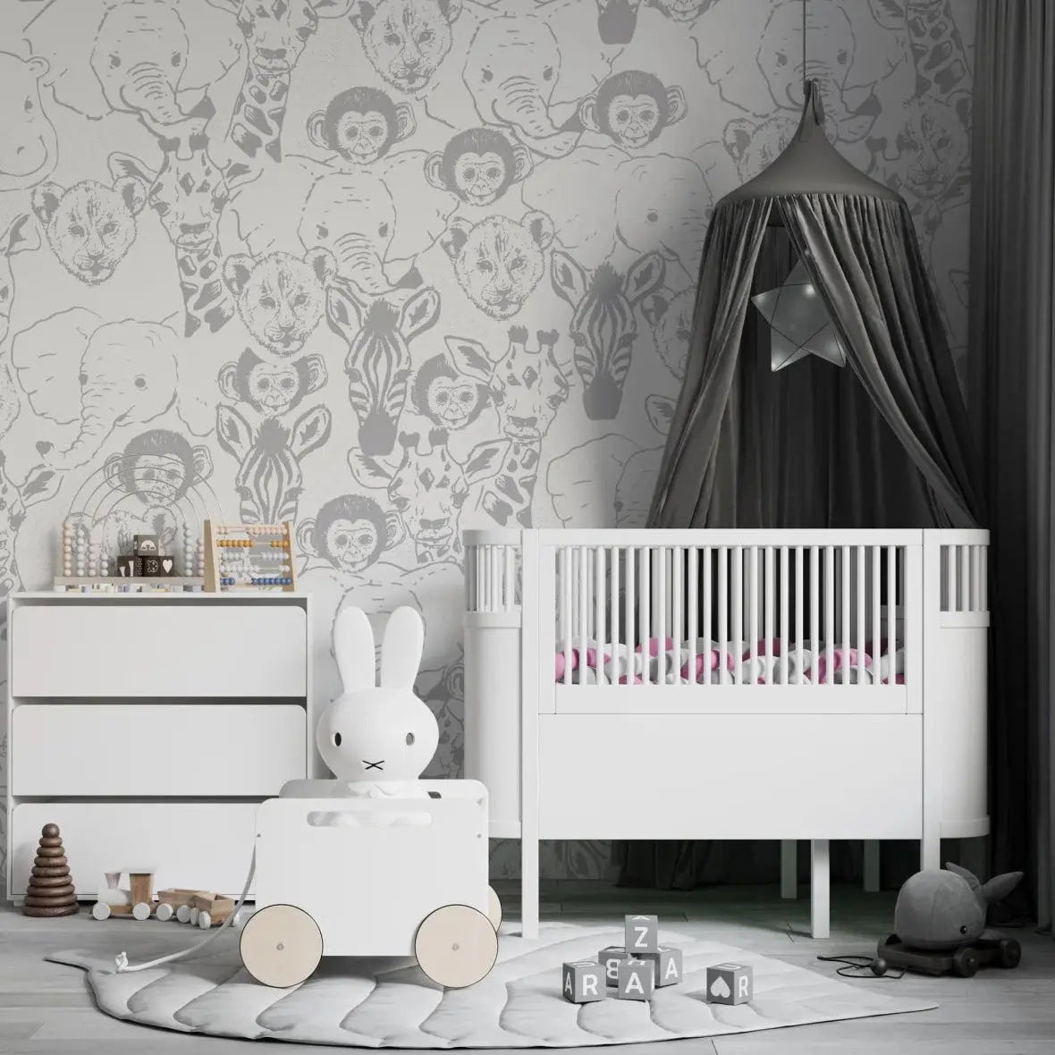 MUNKS & ME - Papier Peint Chambre Enfant à Motif Répété - Bébé Safari Animal - Gris