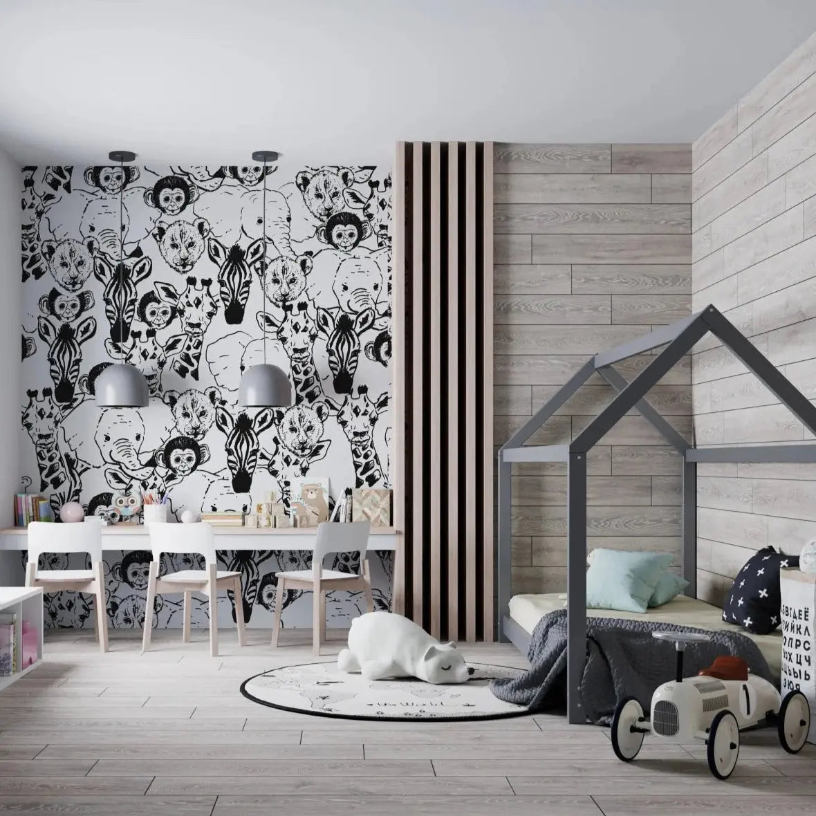 MUNKS & ME - Papier Peint Chambre Enfant à Motif Répété - Bébé Safari Animal - Noir