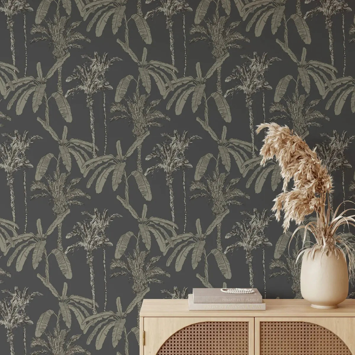 MUNKS & ME - Papier Peint Chambre Enfant à Motif Répété - Ezra Palm Print - Charbon