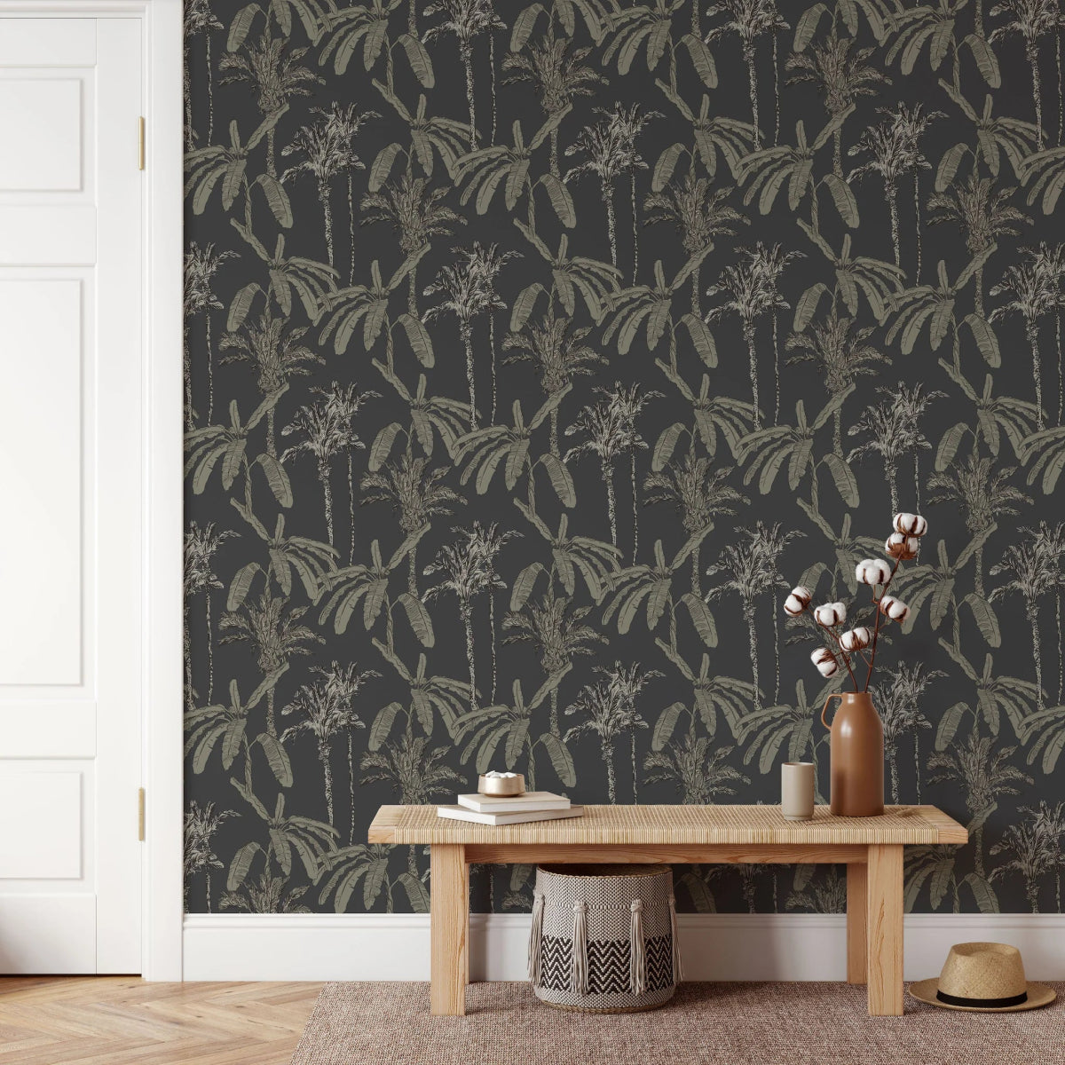 MUNKS & ME - Papier Peint Chambre Enfant à Motif Répété - Ezra Palm Print - Charbon