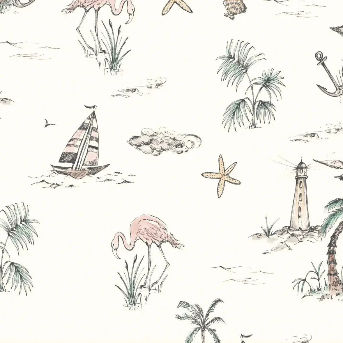 MUNKS & ME - Papier Peint Chambre Enfant à Motif Répété - Flamant Rose En Bord De Mer