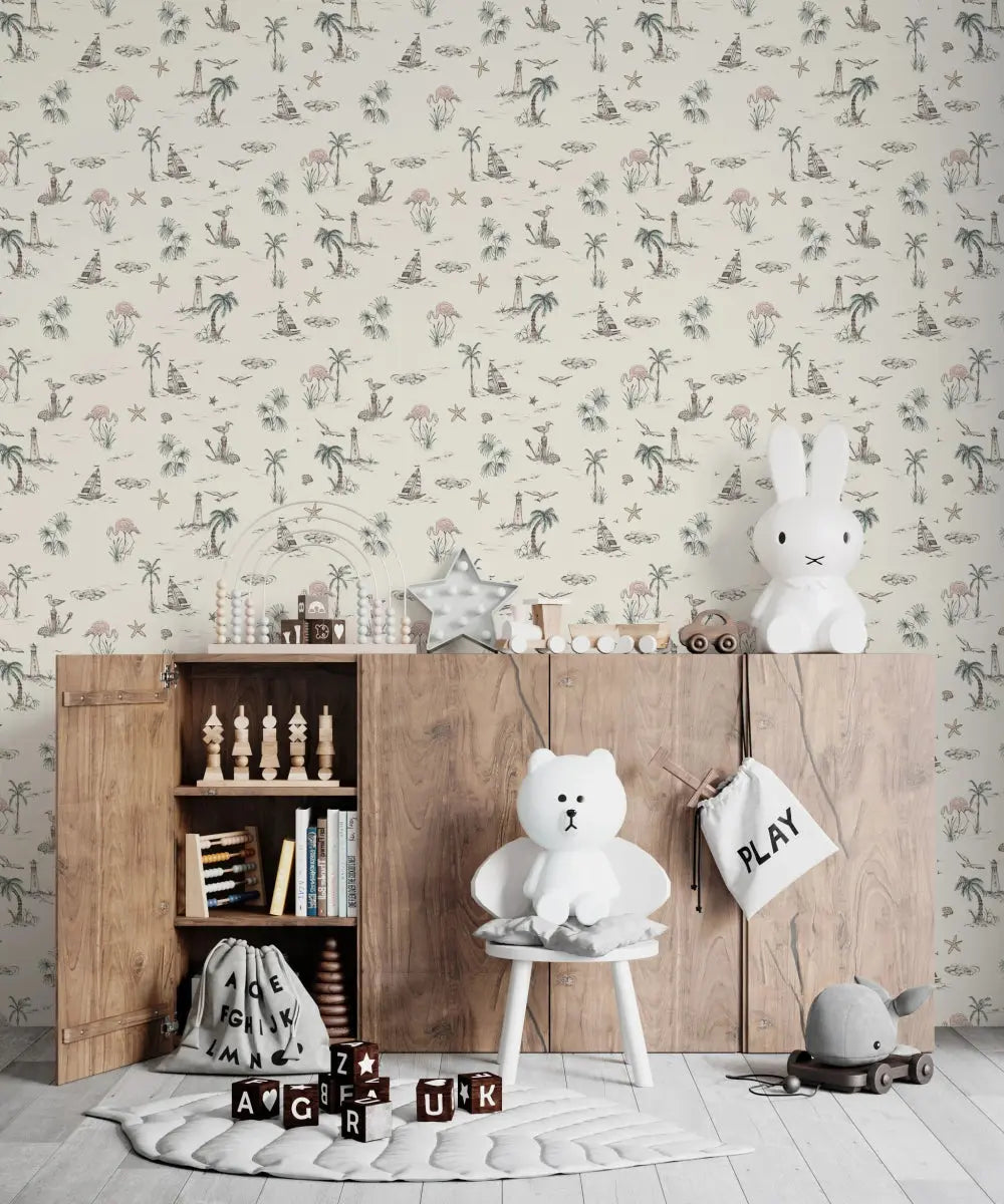 MUNKS & ME - Papier Peint Chambre Enfant à Motif Répété - Flamant Rose En Bord De Mer