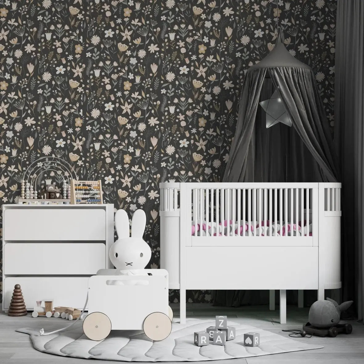 MUNKS & ME - Papier Peint Chambre Enfant à Motif Répété - Floral Millie | Charbon