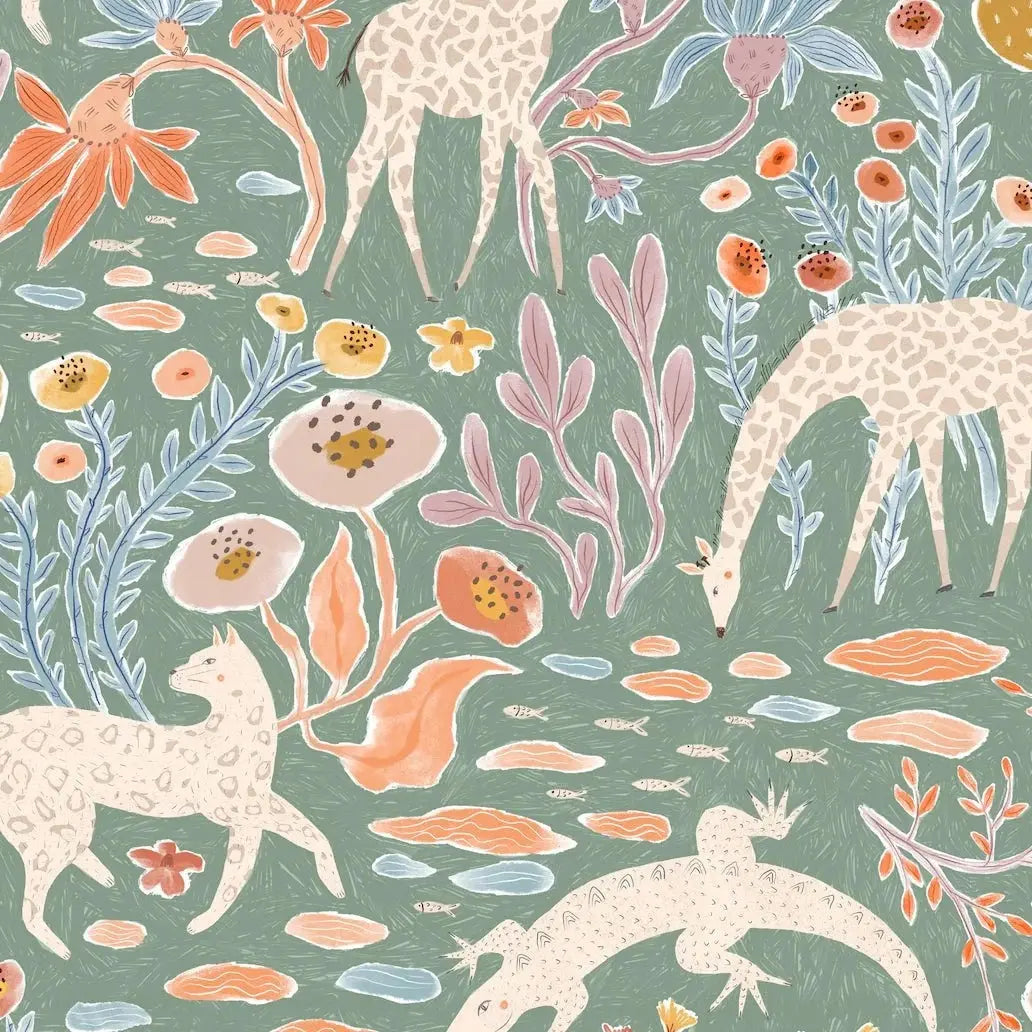 MUNKS & ME - Papier Peint Chambre Enfant à Motif Répété - Mils Menagerie - Sauge