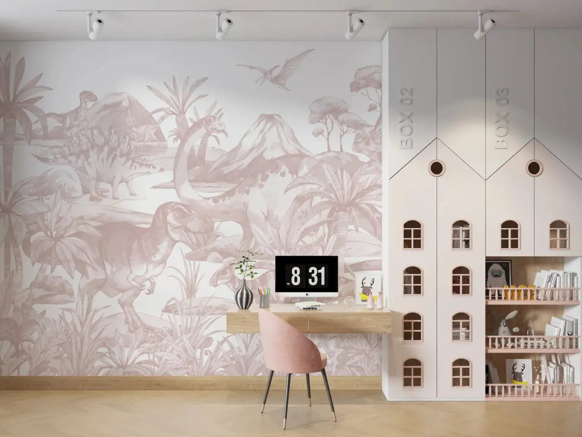 MUNKS & ME - Papier Peint Chambre Enfant Monde Des Dinosaures - Rose
