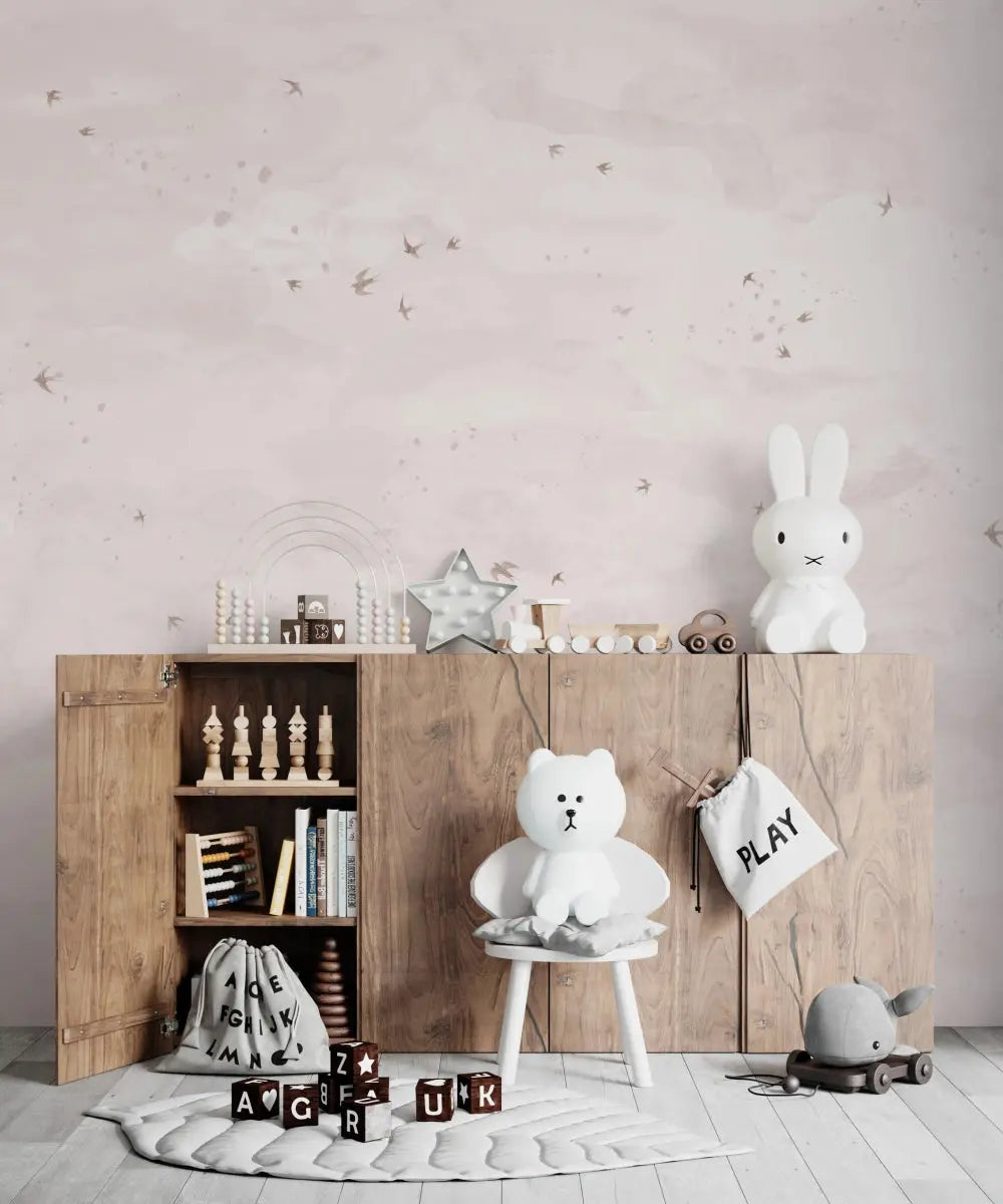 MUNKS & ME - Papier Peint Chambre Enfant Opales Ciel Oiseaux Rose