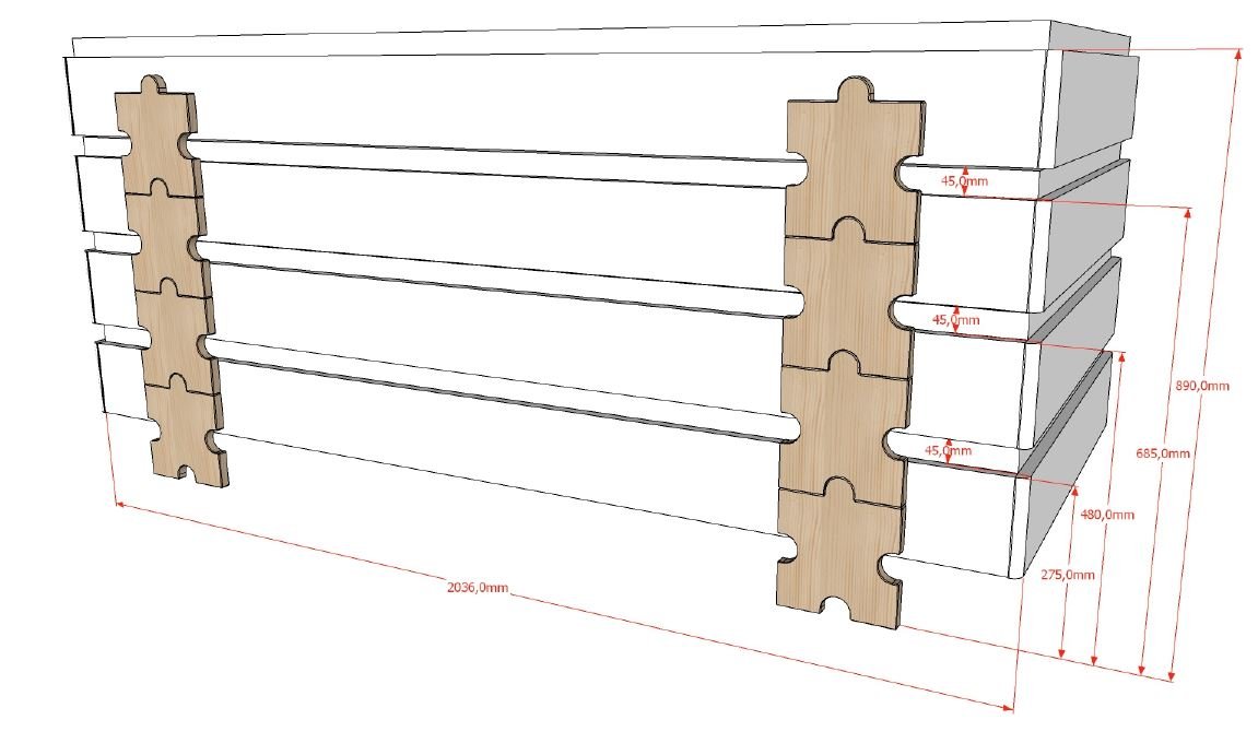 VIPACK-Combinaison De 3 Lits Modulo Gris (90 x 200 cm) Avec des Pieds En Forme De Pièce de Puzzle.-Les Petits