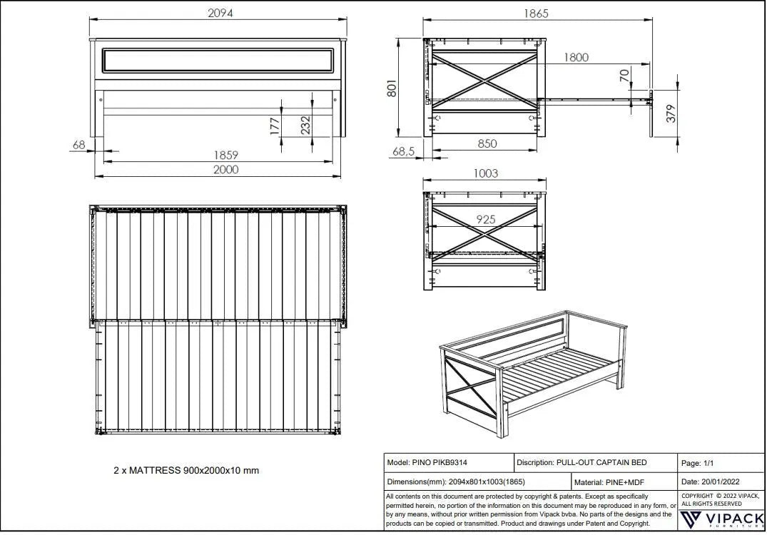 VIPACK - Lit Amouvable (93) 90 X 200 cm PINO / SCOTT Blanc