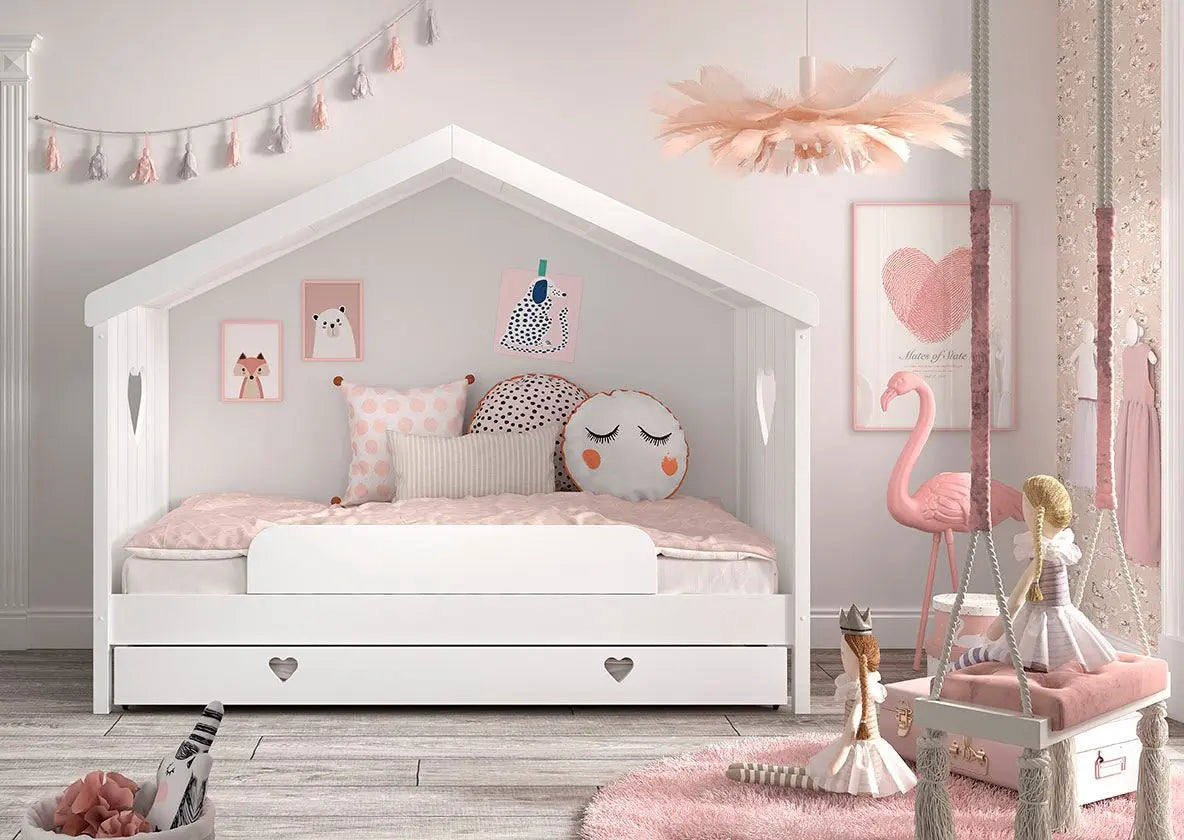 VIPACK - Lit Cabane AMORI Avec Lit Gigogne & Barriere de Lit 90x200cm