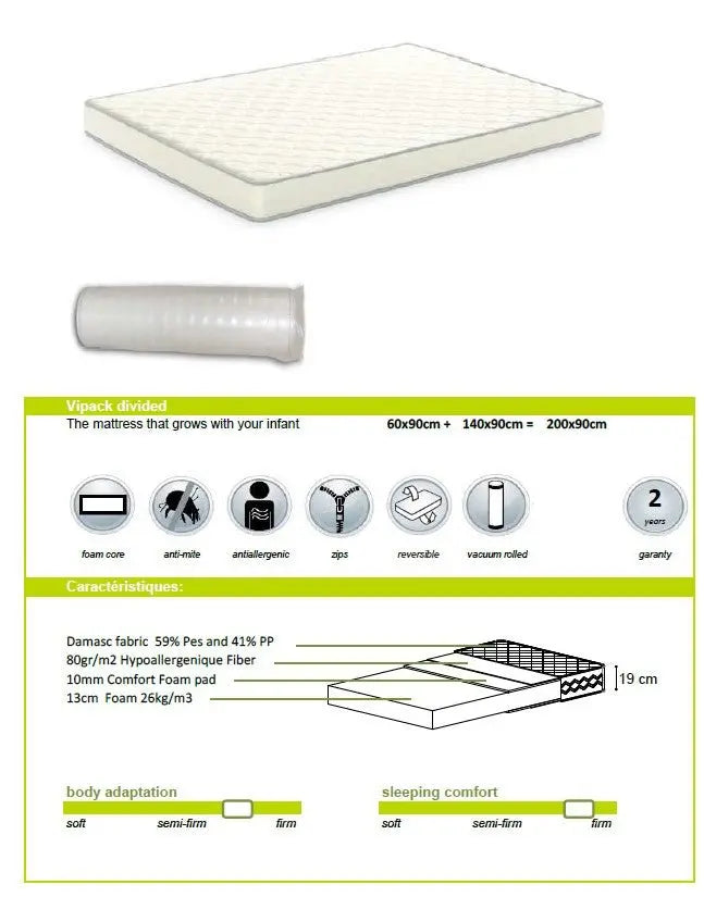 VIPACK - Lit évolutif Jumper Avec Matelas Extensible (160 + 40 cm) - Blanc