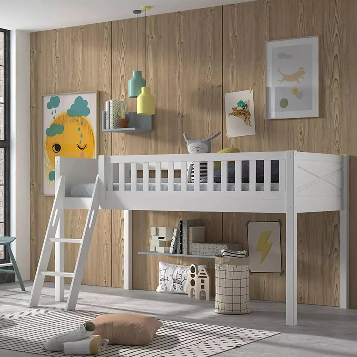 VIPACK - Lit Mezzanine Mi - Hauteur (H 115CM) SCOTT Avec Échelle 90 X 200 cm Blanc