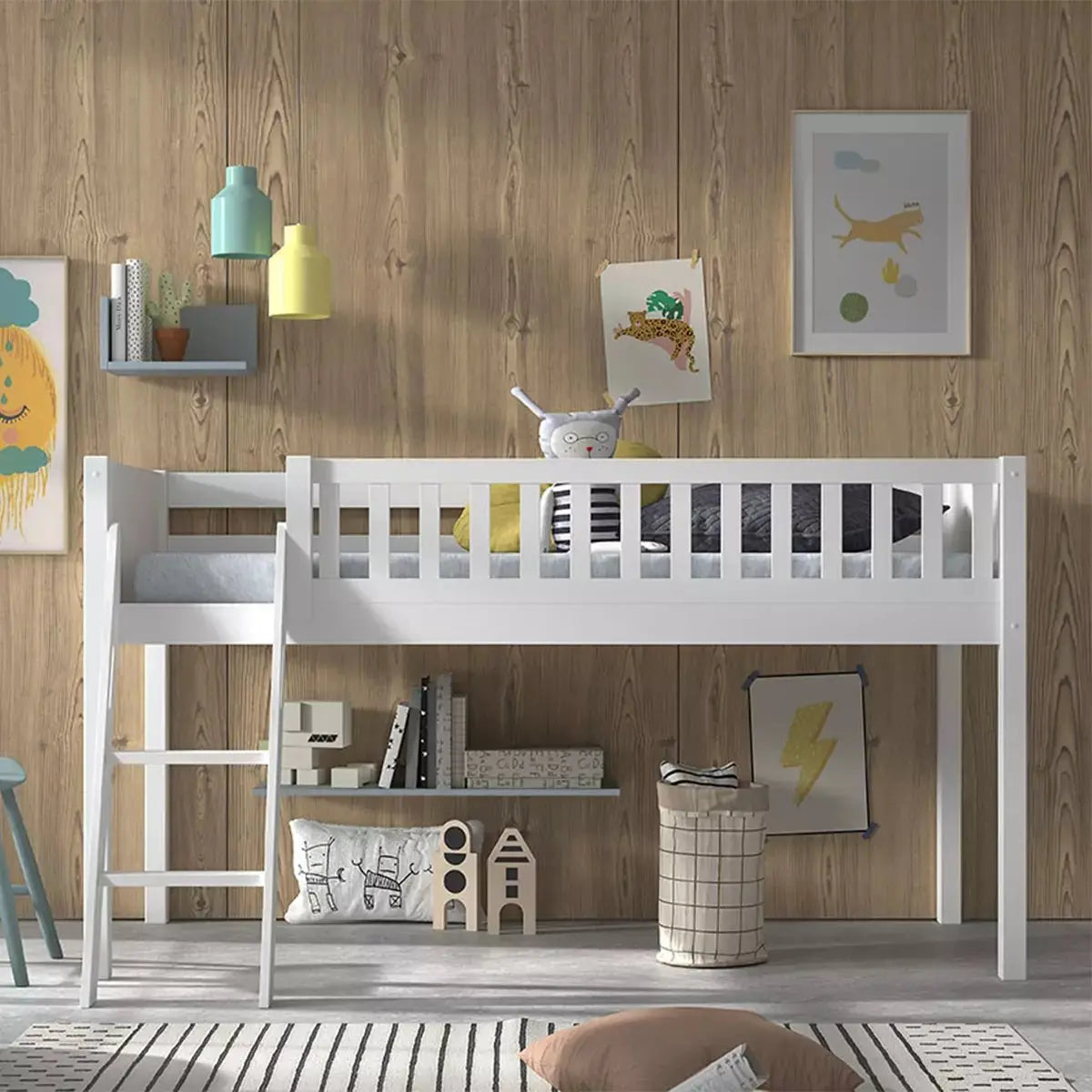 VIPACK - Lit Mezzanine Mi - Hauteur (H 115CM) SCOTT Avec Échelle 90 X 200 cm Blanc