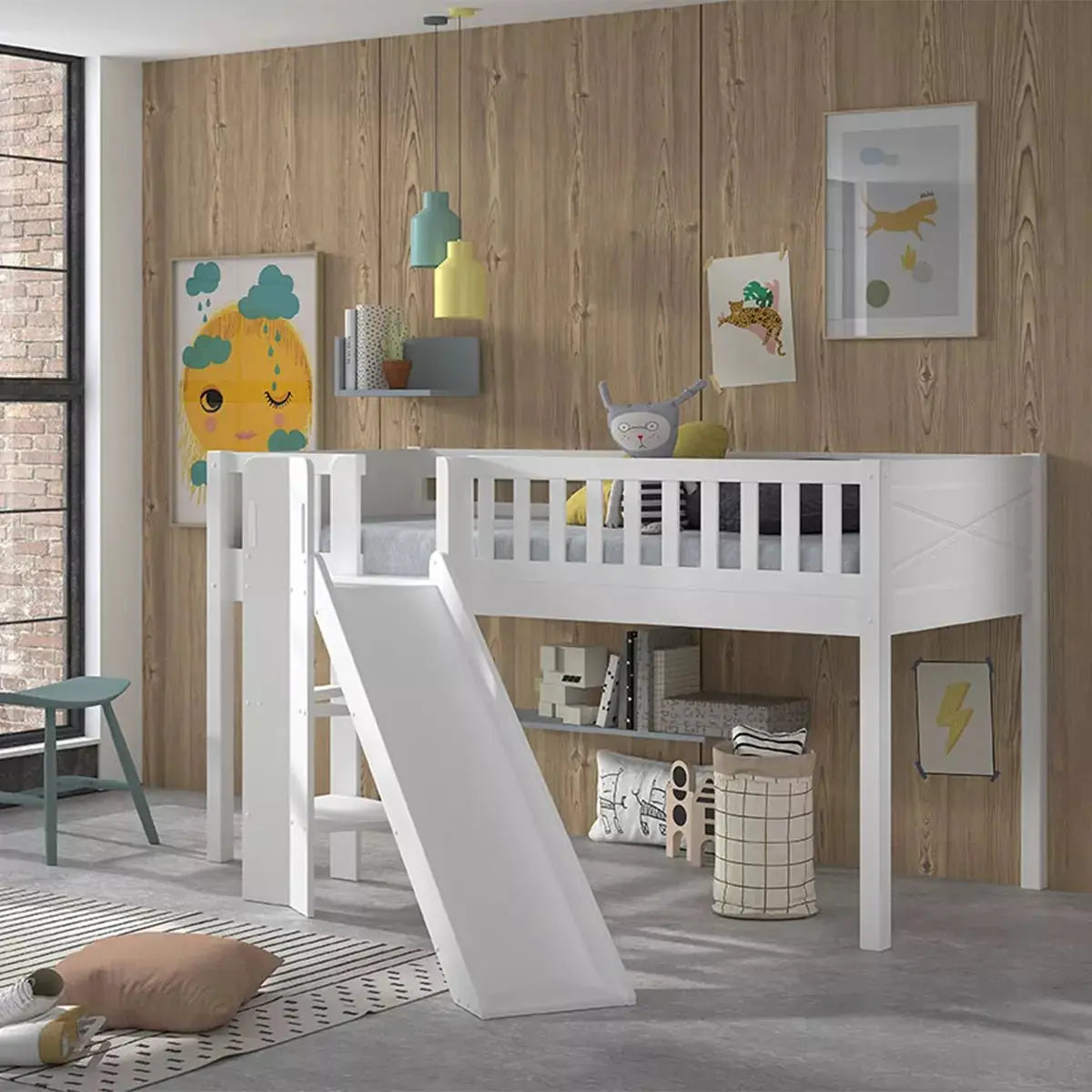 VIPACK - Lit Mezzanine Mi - Hauteur (H 115cm) SCOTT Avec Toboggan 90 X 200 cm Blanc