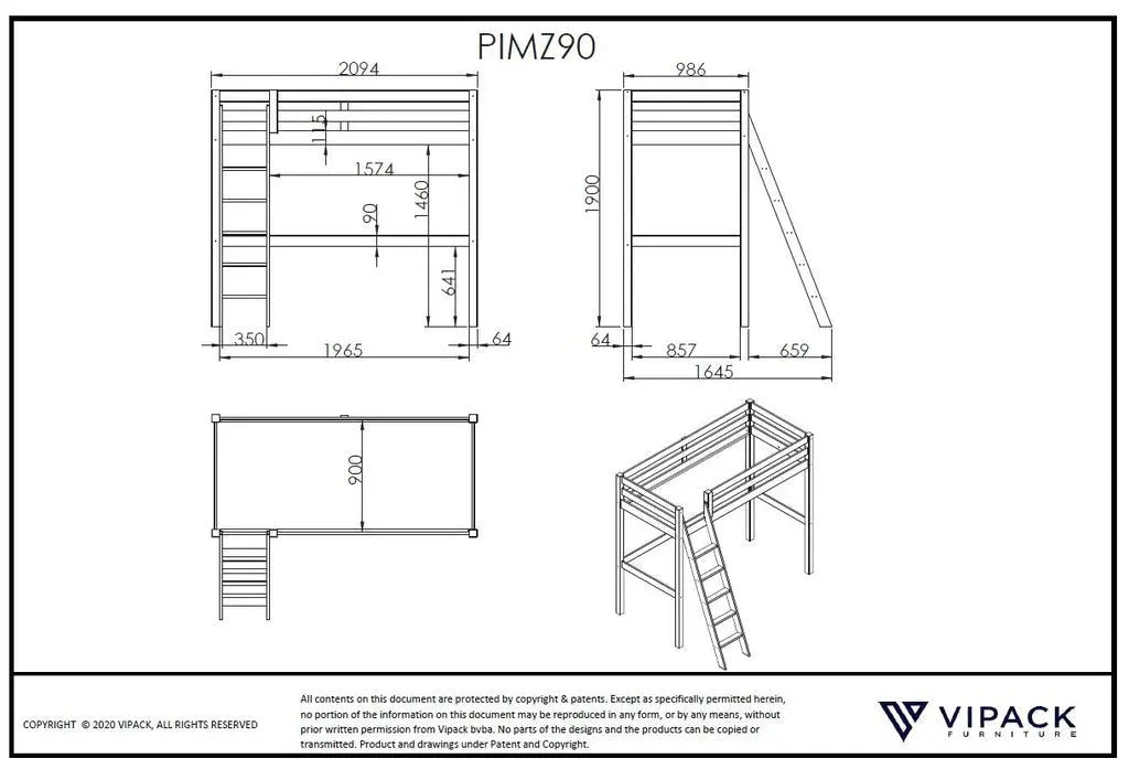 VIPACK - Lit Mezzanine Pino 90 X 200 Cm Blanc