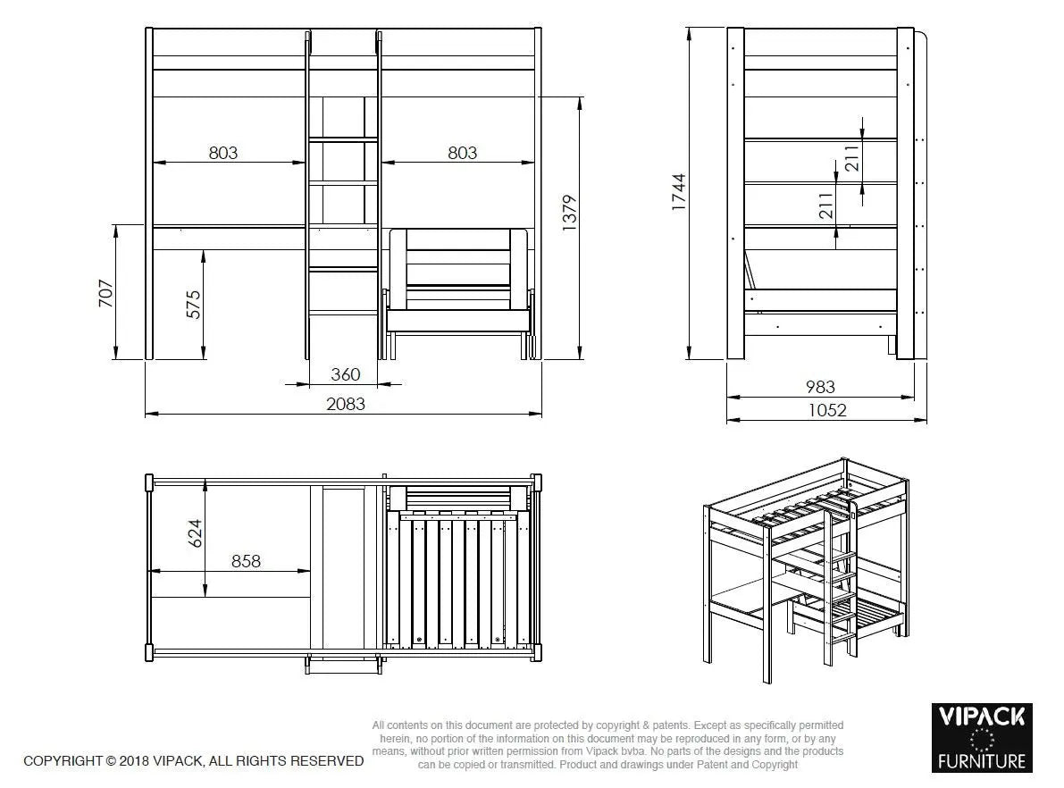 VIPACK - Lit Mezzanine PINO Avec Fauteuil 90 x 200 cm Blanc