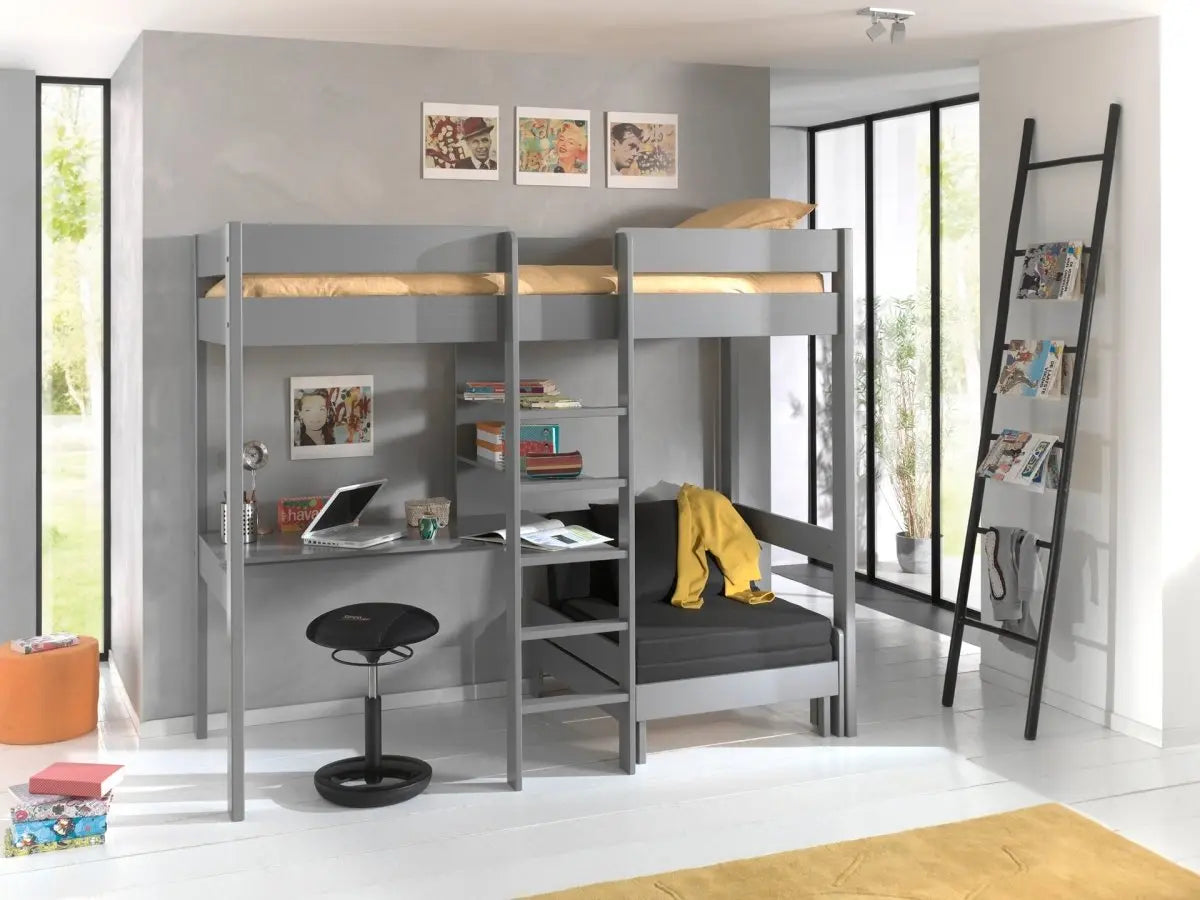 VIPACK - Lit Mezzanine PINO Avec Fauteuil 90 X 200 cm Gris