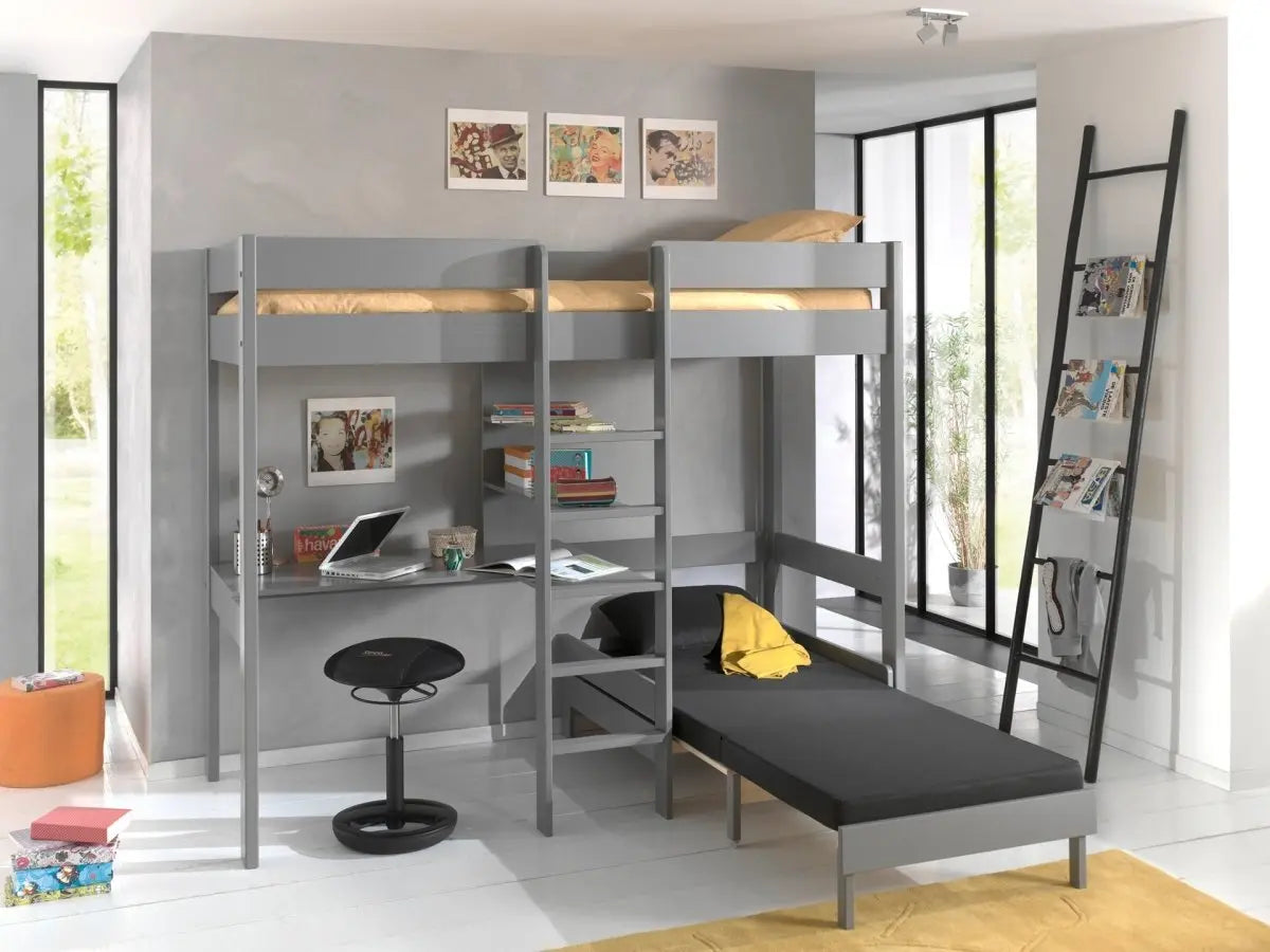 VIPACK - Lit Mezzanine PINO Avec Fauteuil 90 X 200 cm Gris