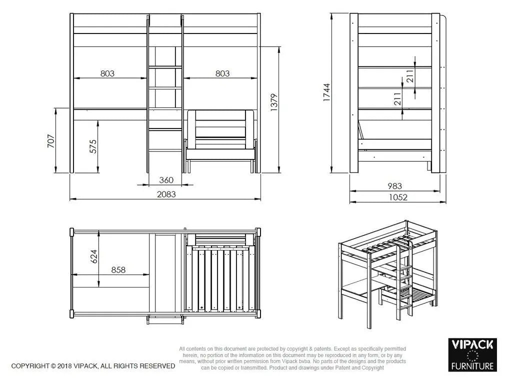 VIPACK - Lit Mezzanine PINO Avec Fauteuil 90 X 200 cm Gris