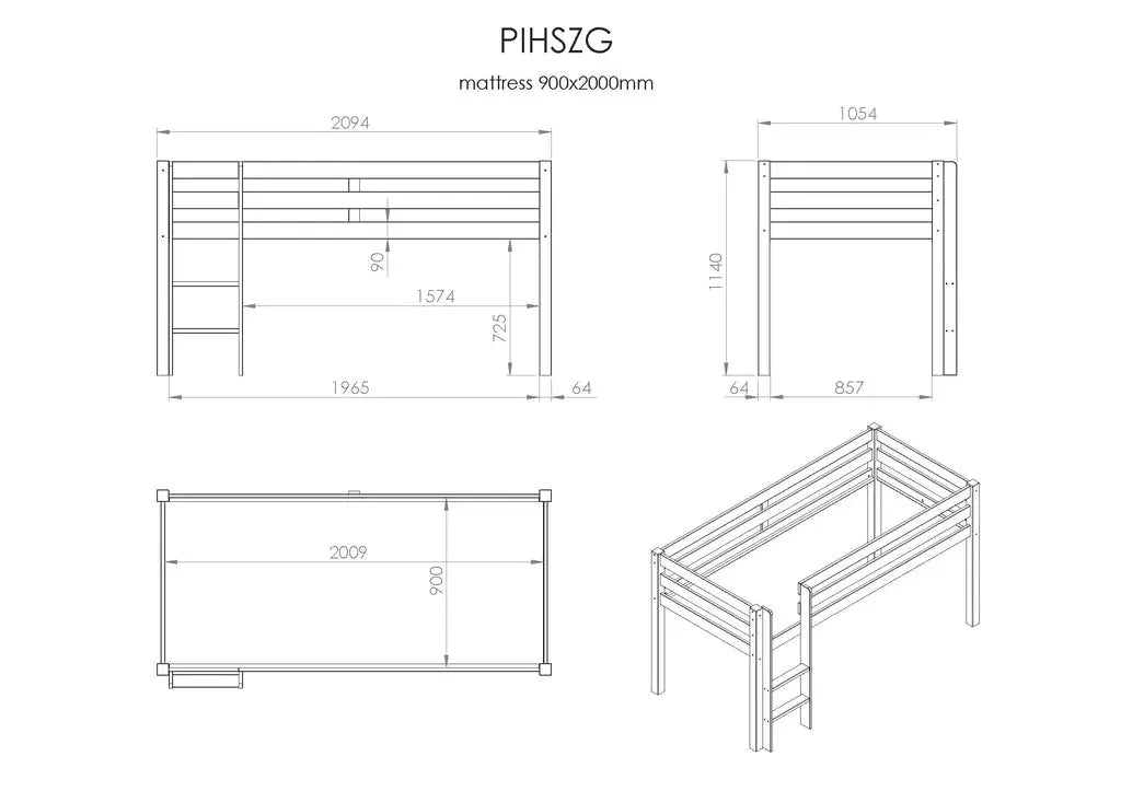 VIPACK - Lit Mi - Hauteur (H 115cm) PINO Avec Échelle 90 X 200 cm Blanc