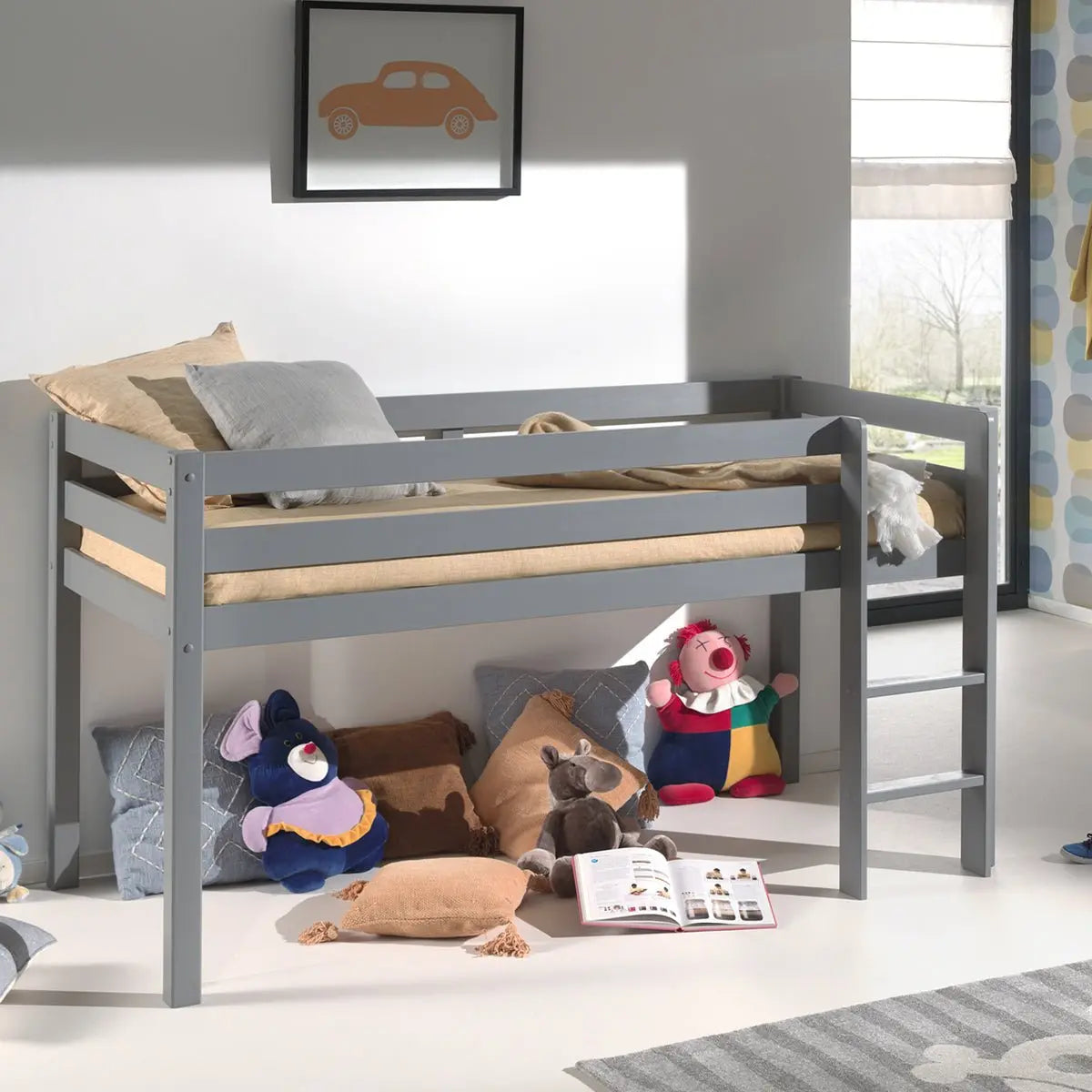 VIPACK - Lit Mi - Hauteur (H 115cm) PINO Avec Échelle 90 X 200 cm Gris