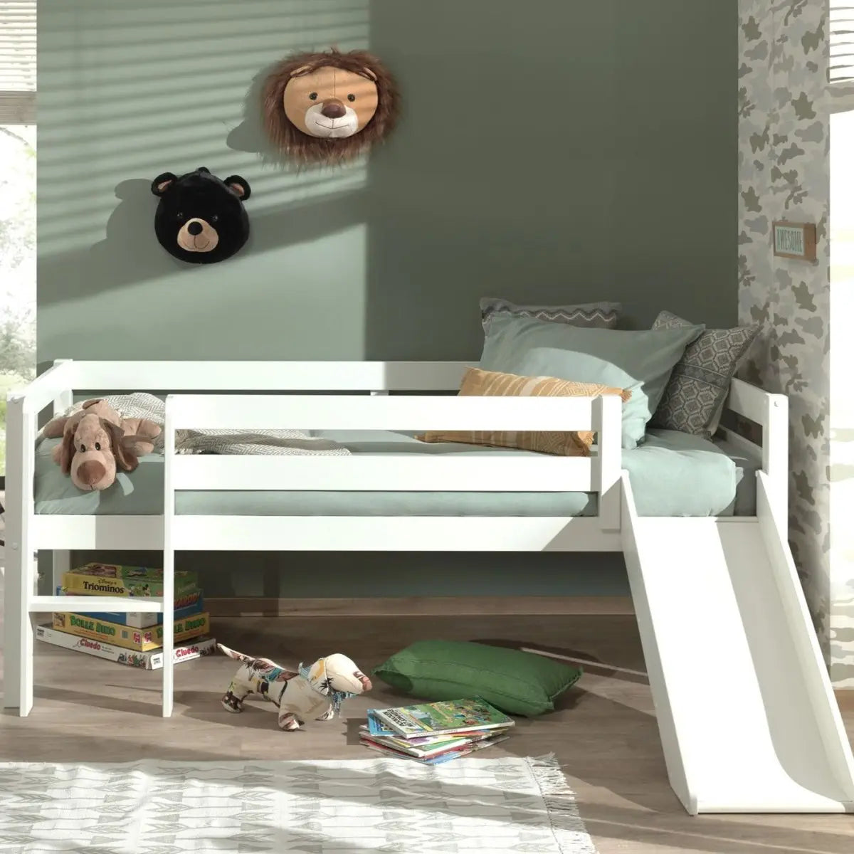 VIPACK - Lit Mi - Hauteur (H 85cm) PINO Avec Toboggan 90 x 200 cm Blanc