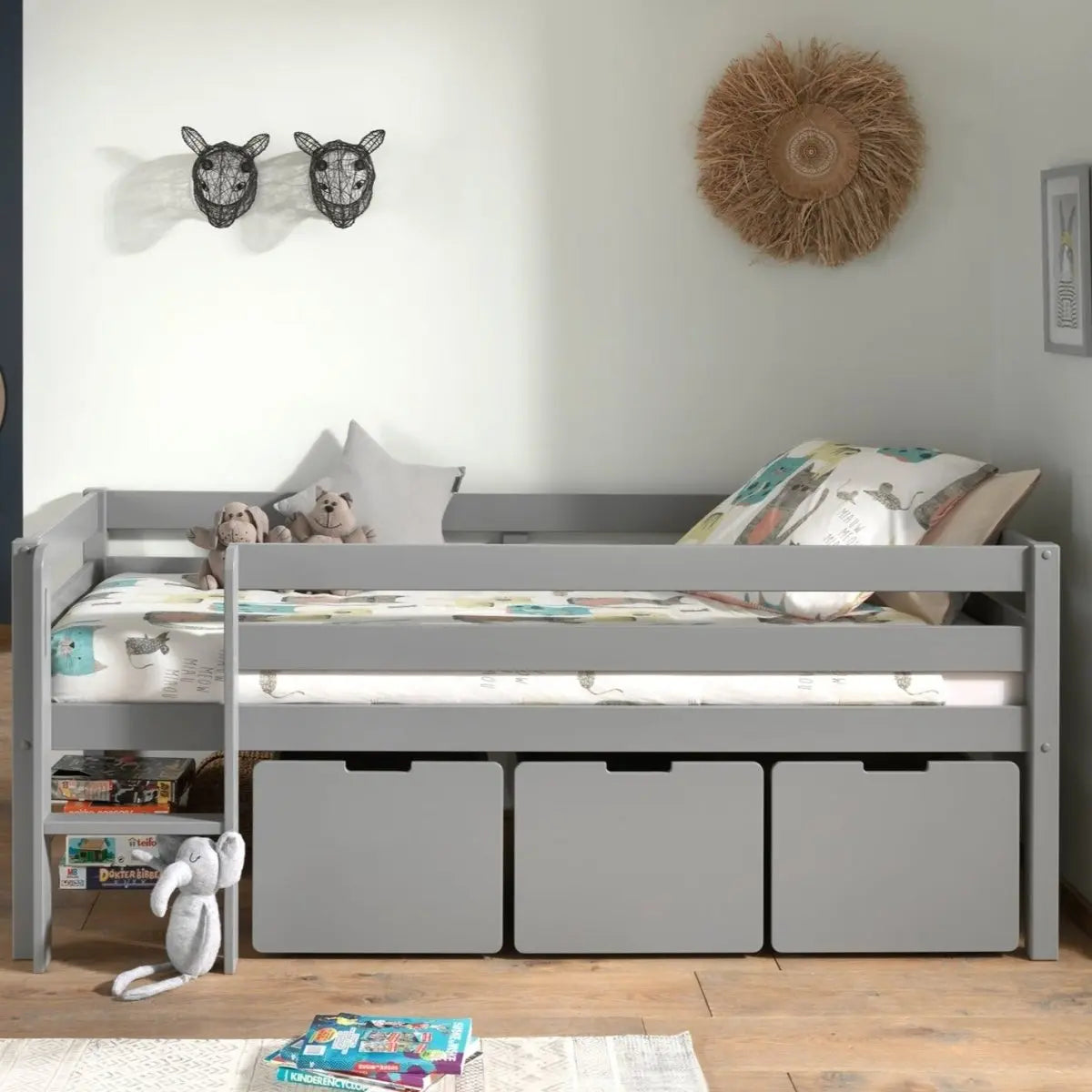 VIPACK - Lit Mi - Hauteur PINO (H 85cm) Avec Échelle 90 x 200 cm Gris