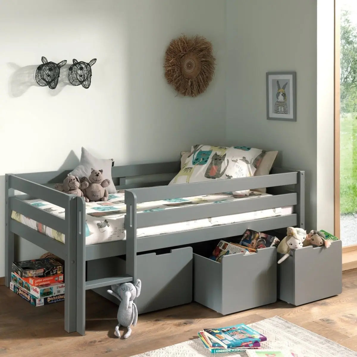 VIPACK - Lit Mi - Hauteur PINO (H 85cm) Avec Échelle 90 x 200 cm Gris