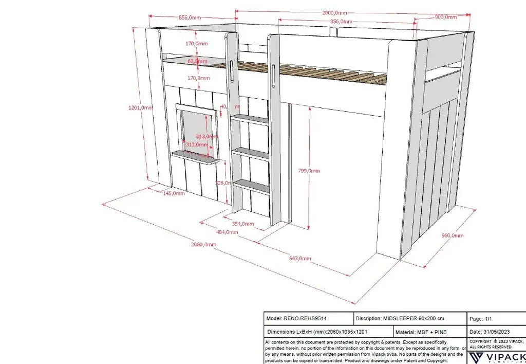 VIPACK - Lit Mi - Hauteur RENO 90x200 cm Blanc