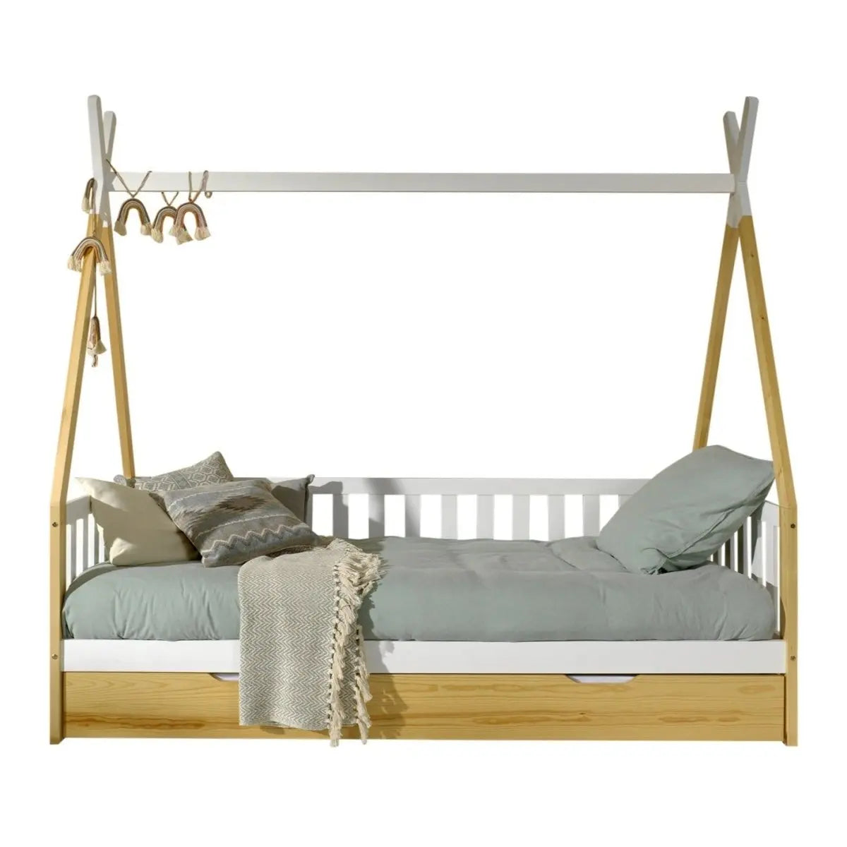 VIPACK - Lit Tipi Avec Barrière & Tiroir Gigogne Naturel 90x200cm